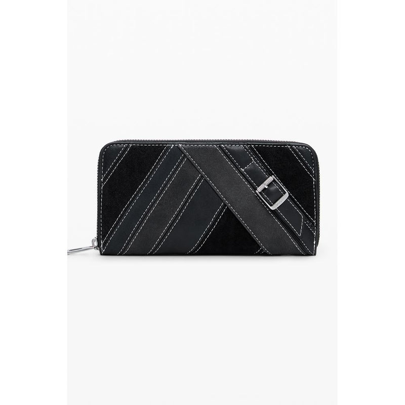 Black polyurethane women wallet with diagonal panels and white stitching detail