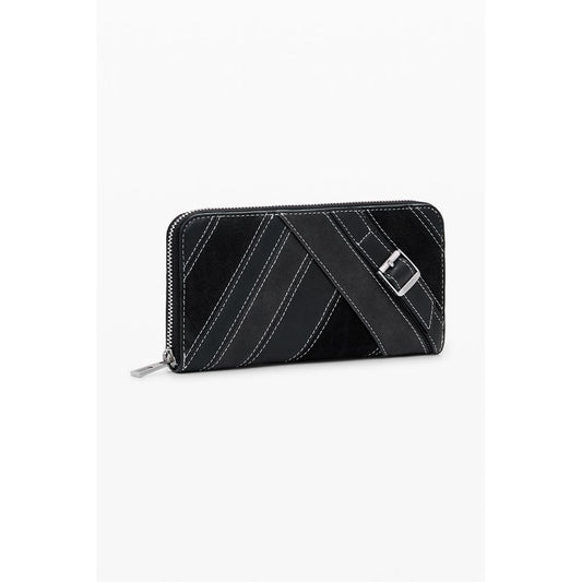 Black polyurethane zip-around women wallet with white topstitching and decorative buckle