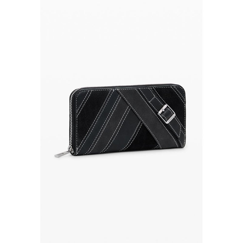 Black polyurethane zip-around women wallet with white topstitching and decorative buckle