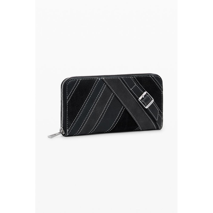 Black polyurethane women wallet with diagonal panels and white stitching detail