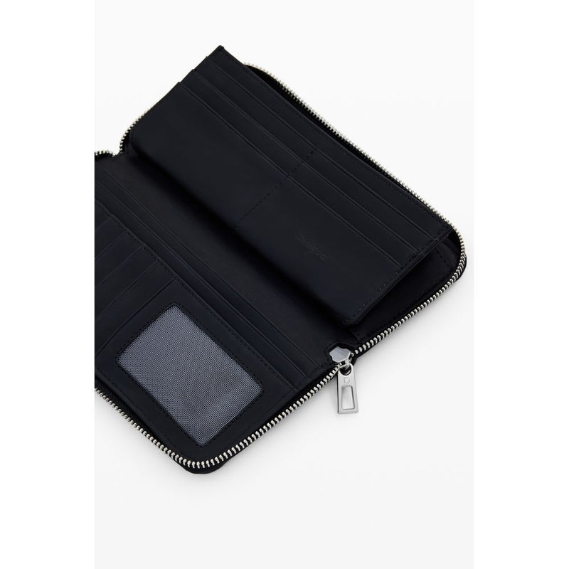 Open black polyurethane women's wallet showing card slots and zipper