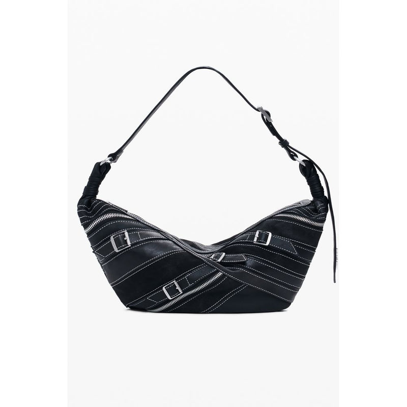 Black polyurethane women's shoulder bag with white contrast stitching, zippers, and buckle accents