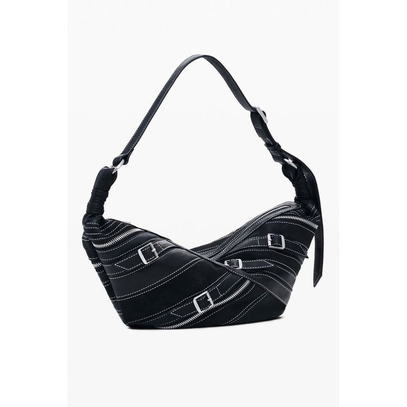 Black polyurethane shoulder bag with white topstitching, exposed zippers, and silver buckle accents