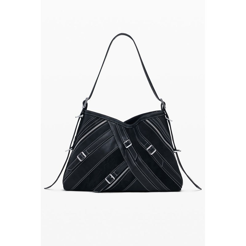 Black polyurethane women's shoulder bag with contrast stitching, zippers, and buckle strap details