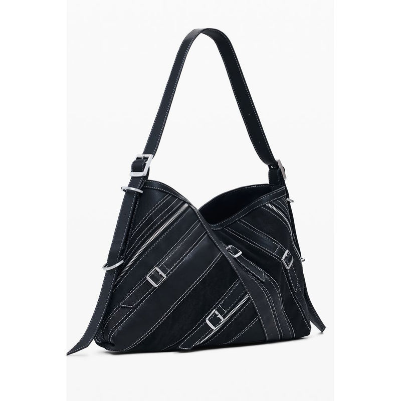 Black polyurethane women shoulder bag with zipper and buckle details