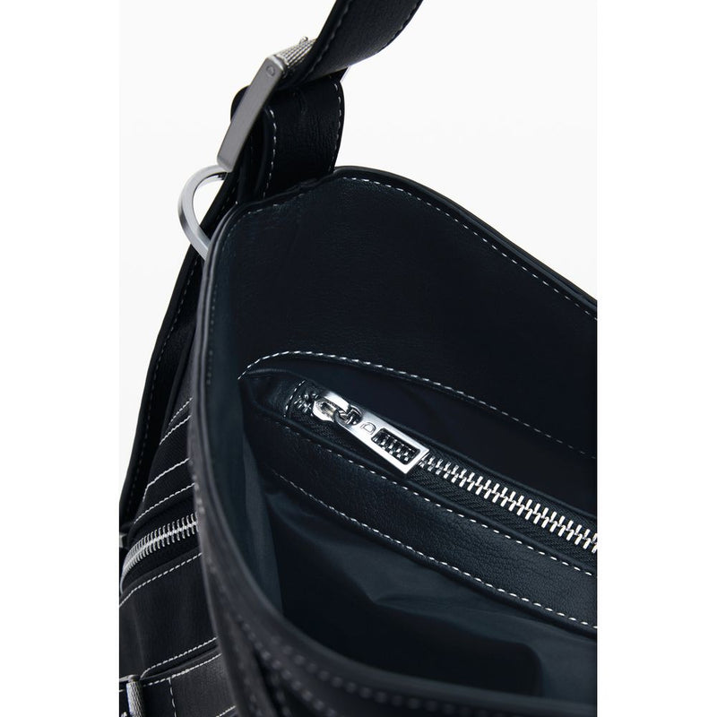 Black polyurethane women shoulder bag with a zipper pocket and white stitching