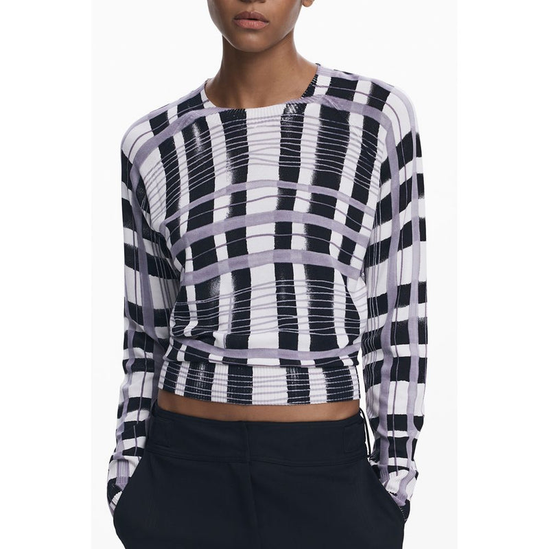 Black, white, and purple viscose knit sweater featuring a striped plaid pattern and long sleeves