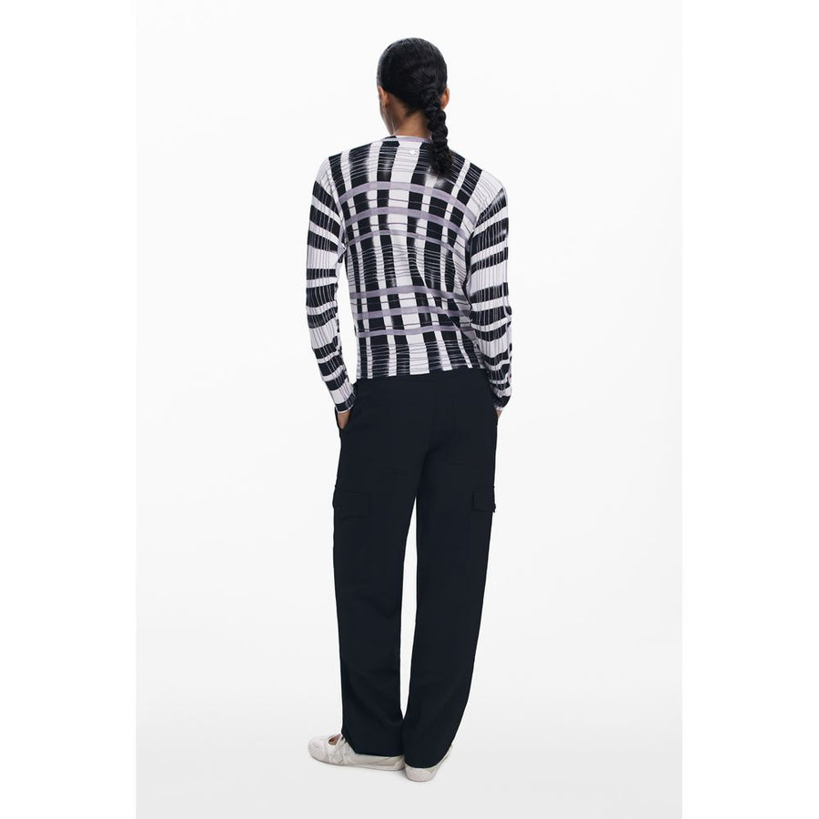 Black, white, and purple viscose knit sweater featuring a striped plaid pattern and long sleeves