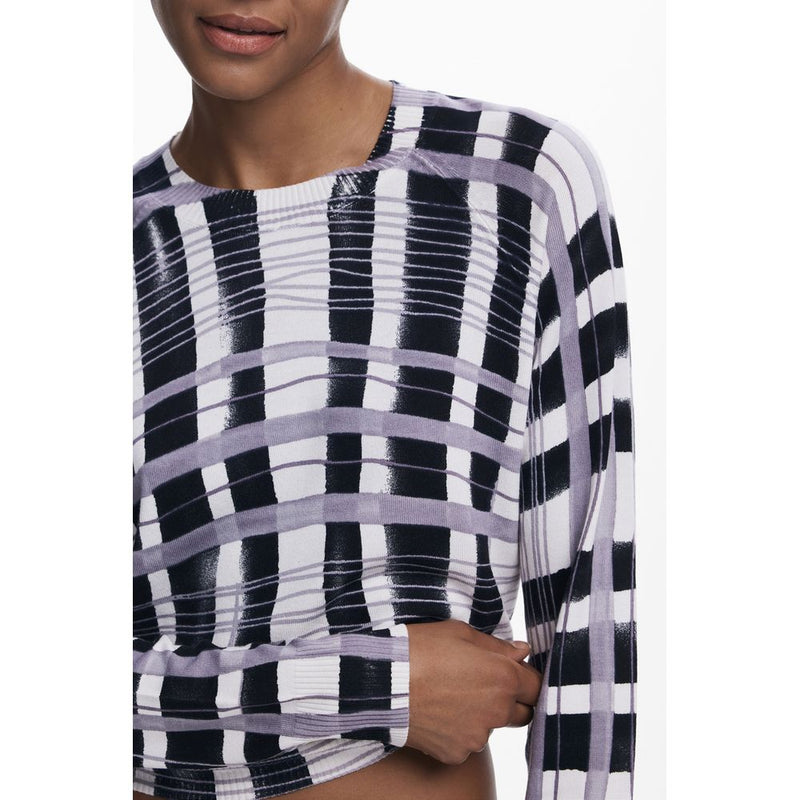 Black and white viscose knit sweater with a purple plaid pattern and crew neck