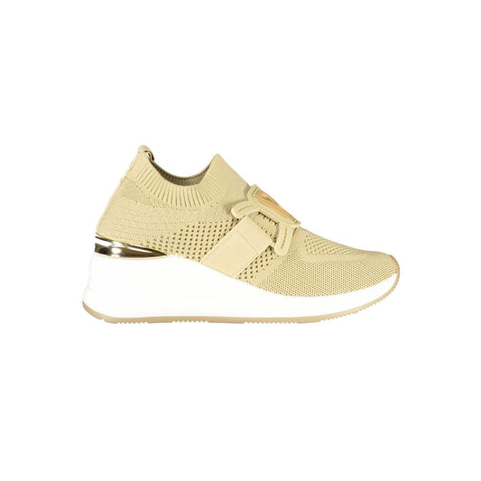 Beige Laura Biagiotti knit polyurethane sneaker with a slip-on style, metallic heel detail, and white wedge sole.