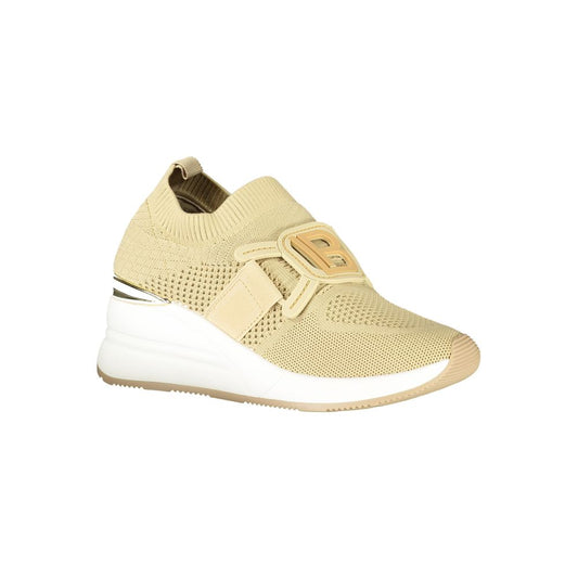 Laura Biagiotti beige slip-on wedge sneaker in knit material with a metallic logo detail on a white sole.