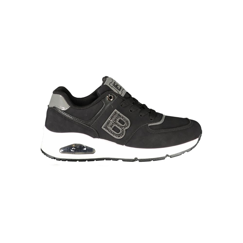 Black Laura Biagiotti polyurethane women's sneaker with a crystal-embellished logo and a white cushioned sole.