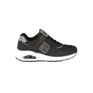 Black Laura Biagiotti polyurethane women's sneaker with a crystal-embellished logo and a white cushioned sole.