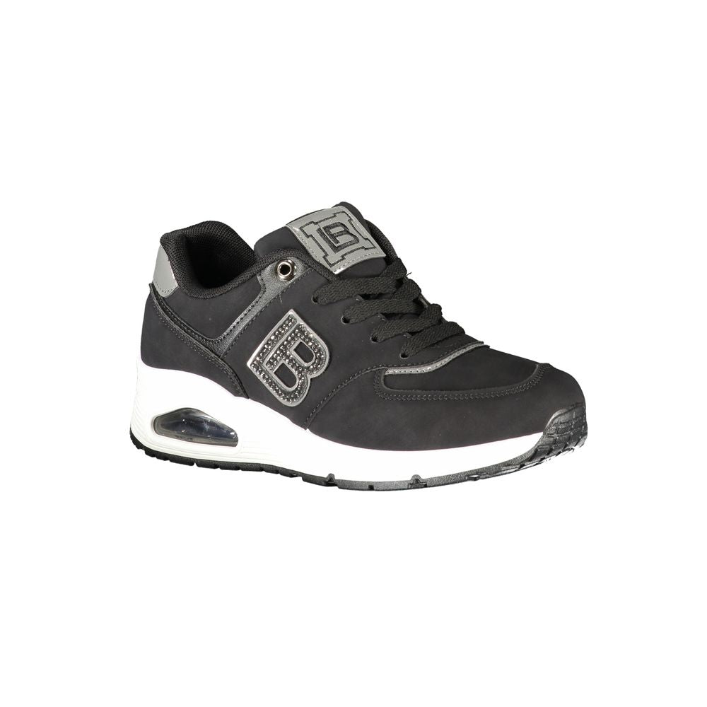 Black polyurethane Laura Biagiotti women's sneaker with white platform sole, lace-up style, and metallic logo detail.