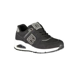 Black polyurethane Laura Biagiotti women's sneaker with white platform sole, lace-up style, and metallic logo detail.