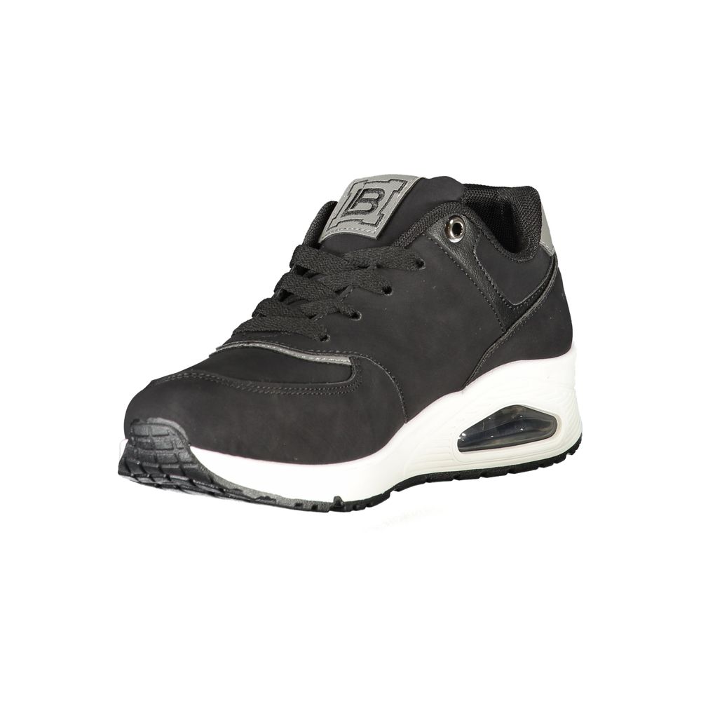 Laura Biagiotti black polyurethane women's sneaker with white platform sole and cushioned heel air pocket.