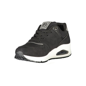 Laura Biagiotti black polyurethane women's sneaker with white platform sole and cushioned heel air pocket.