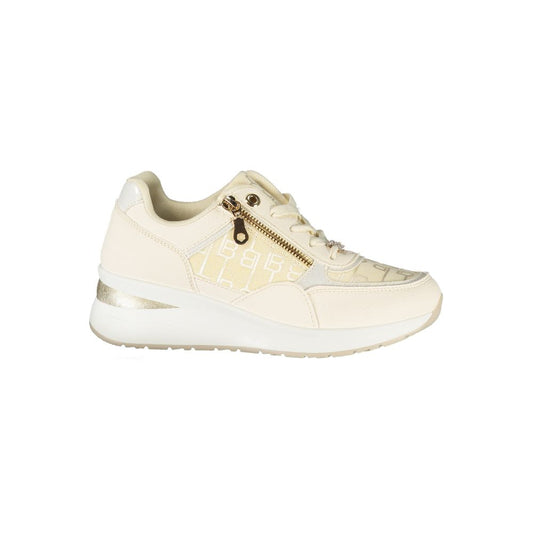 Laura Biagiotti white polyurethane women's fashion sneaker with side zipper detail and logo pattern panels.
