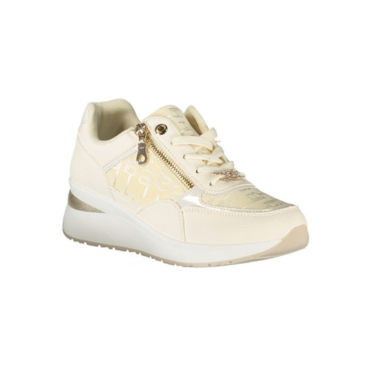 Laura Biagiotti women’s white polyurethane sneaker with side zip, logo pattern, and thick rubber sole.