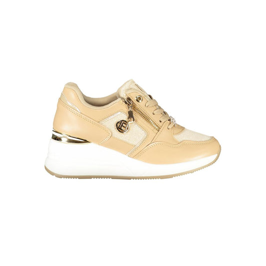 Laura Biagiotti beige polyester women’s sneaker with a side zipper, metallic accents, and a white wedge sole.