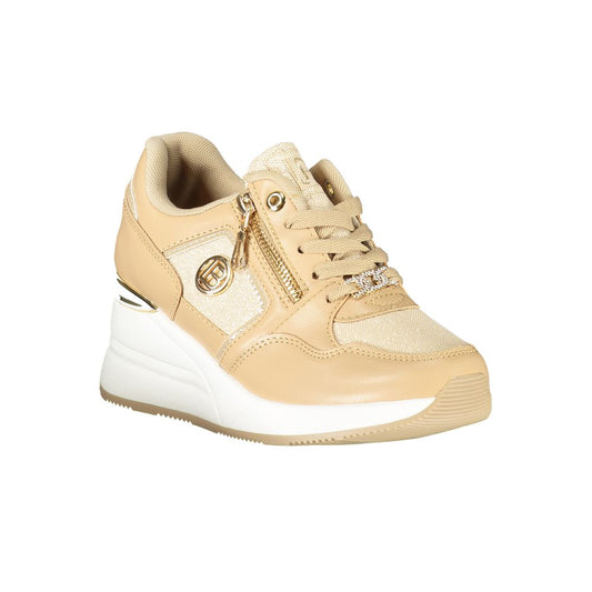 Laura Biagiotti beige polyester and faux leather wedge sneaker with side zip and gold logo detailing.