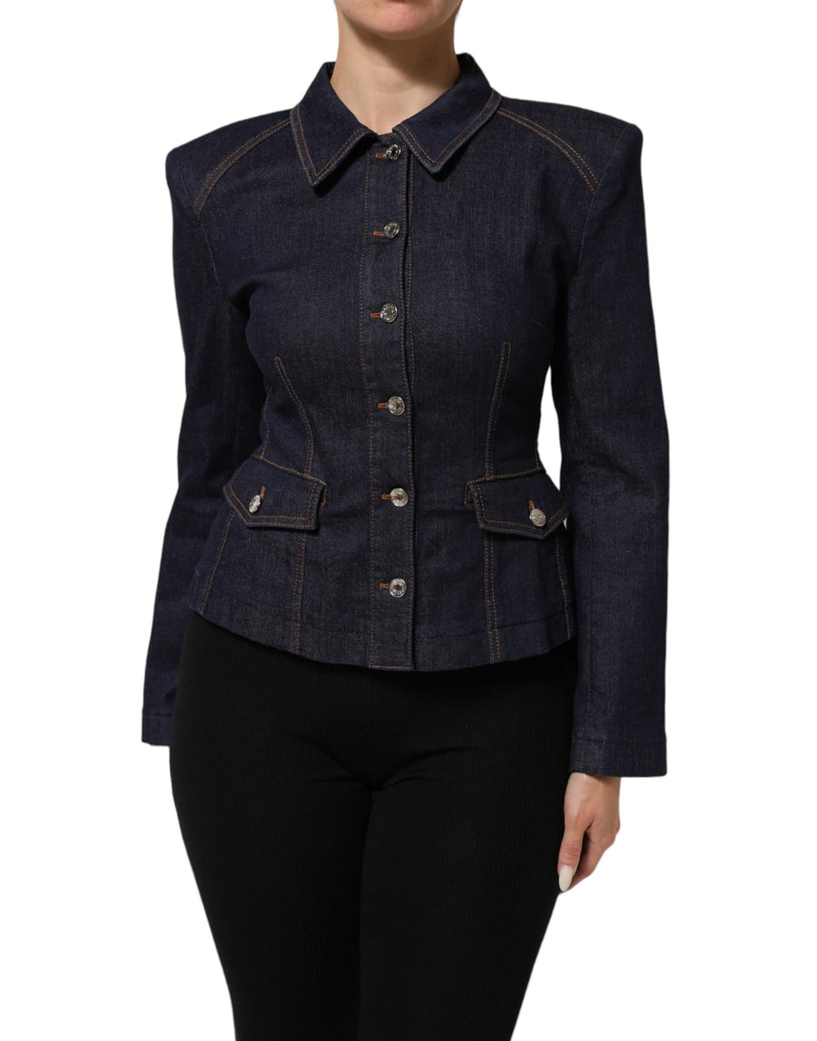 Dark blue denim collared jacket with front buttons and pockets