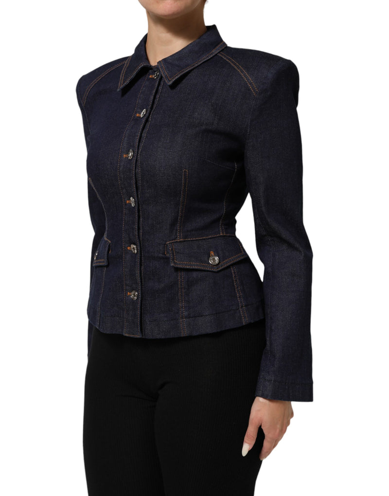 Dark blue cotton denim collared jacket with front button closure and pockets