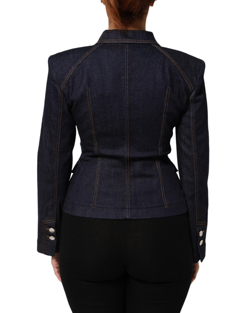 Dark blue cotton collared denim jacket with structured shoulders and contrast stitching seen from the back
