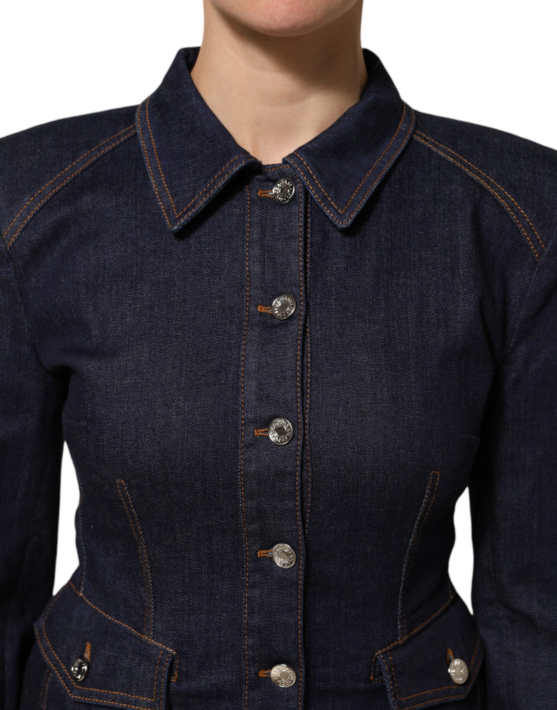 Dark blue cotton denim collared jacket with metal buttons and contrast topstitching