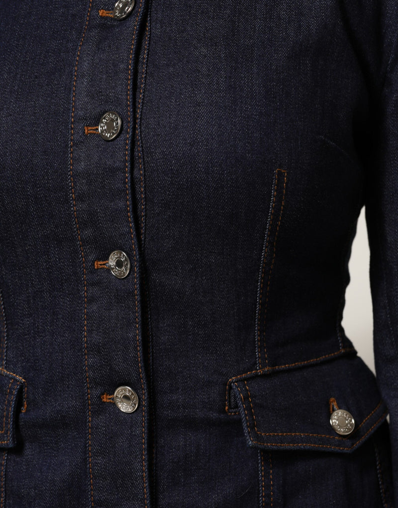 Dark blue denim jacket with silver buttons and flap pockets