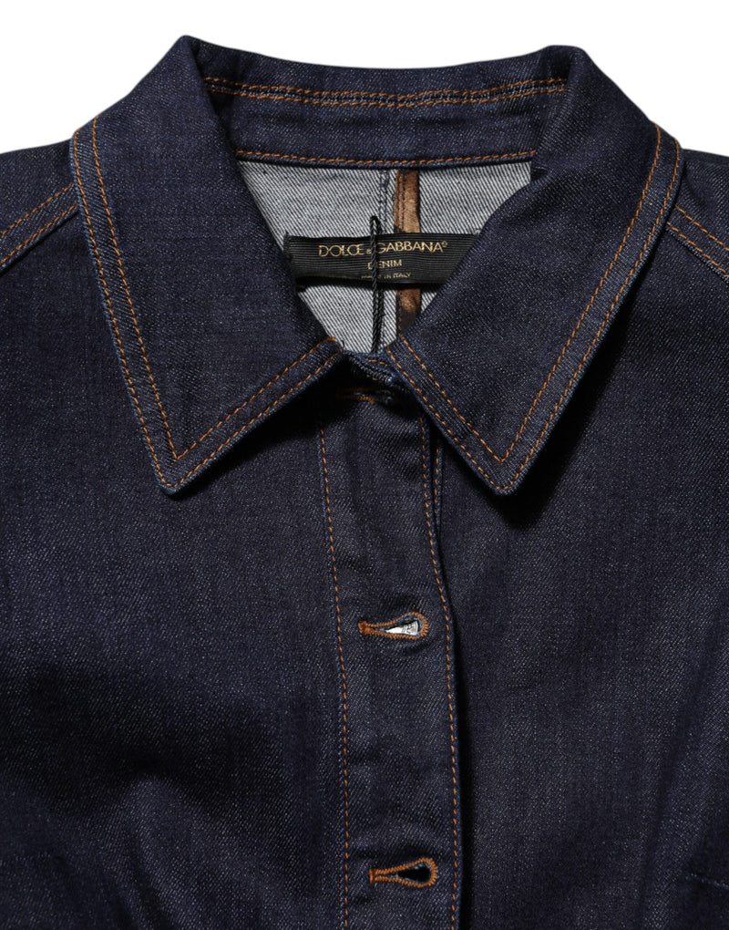 Dark blue cotton denim collared jacket with contrast stitching