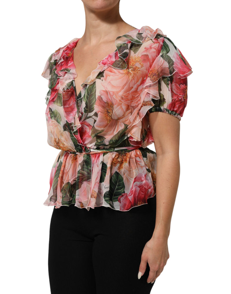 Pink camellias printed silk V-neck ruffled blouse top