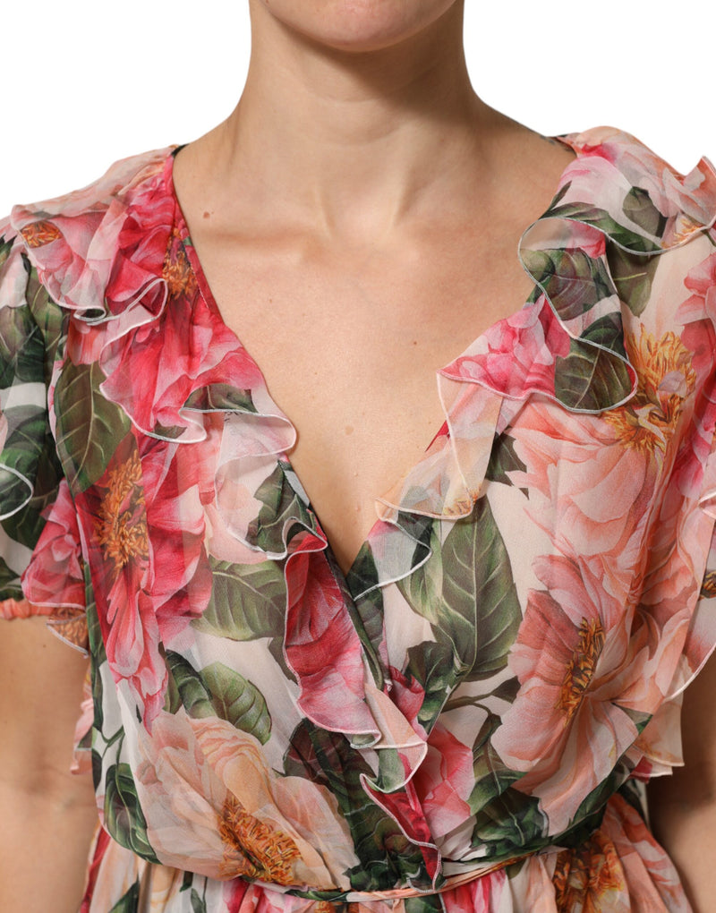 Pink and green floral print silk V-neck blouse with ruffles