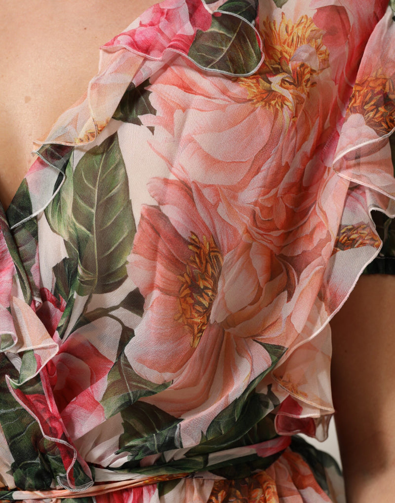 Pink camellia print silk V-neck blouse with ruffled trim