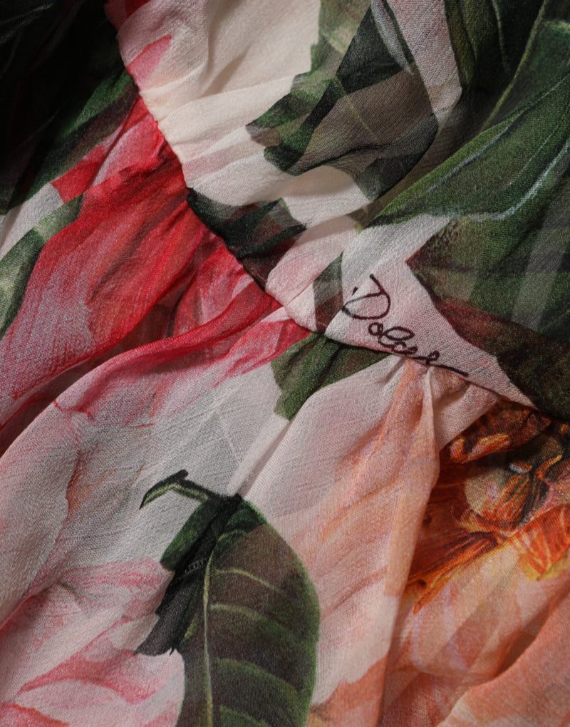 Pink and green camellia print silk chiffon blouse with pleated fabric