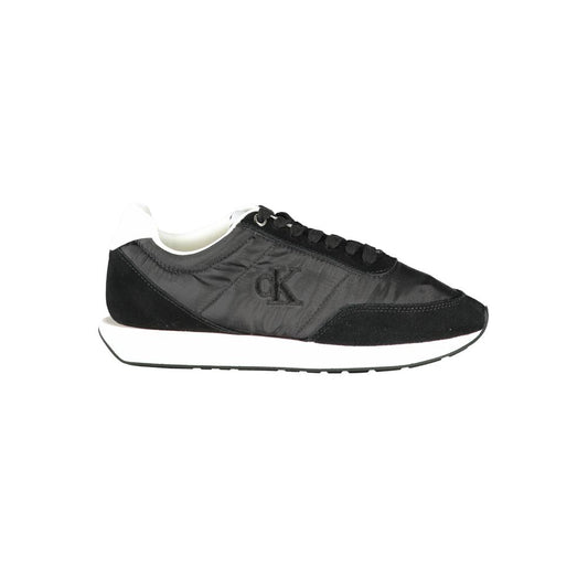 Calvin Klein women's black polyester and suede sneaker with a white midsole and side CK logo.