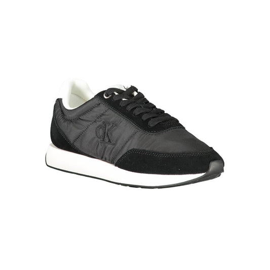 Calvin Klein women's black polyester and suede sneaker with white sole and CK logo.