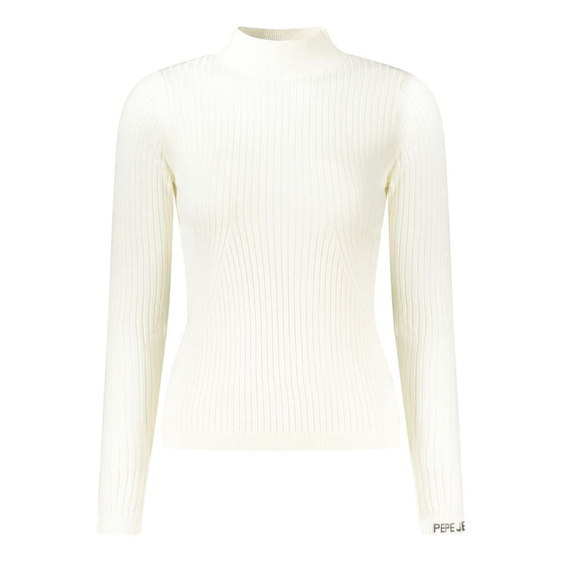 White ribbed cotton turtleneck sweater with long sleeves and subtle cuff branding