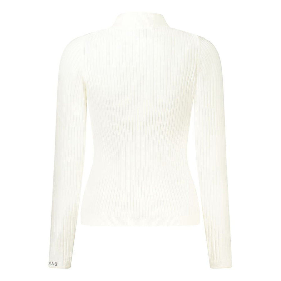 White ribbed cotton turtleneck sweater with long sleeves and subtle cuff branding