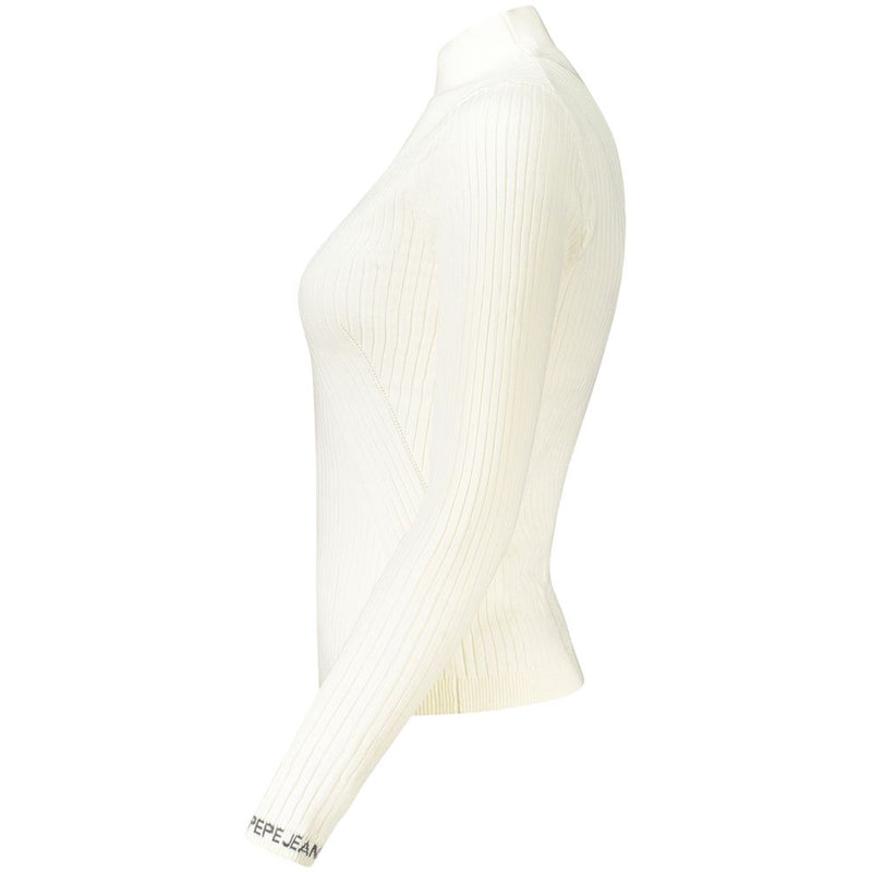 White ribbed cotton mock neck women's sweater viewed from the side