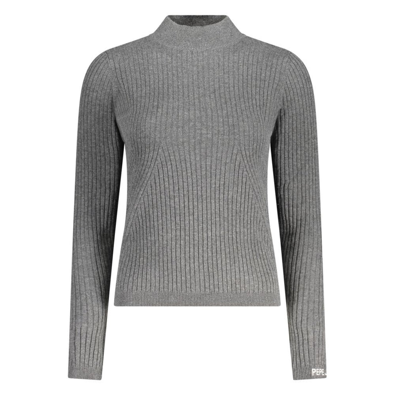 Grey cotton ribbed mock neck women sweater with long sleeves