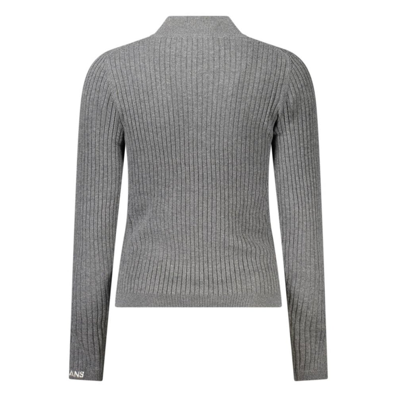 Grey ribbed cotton women's sweater viewed from the back