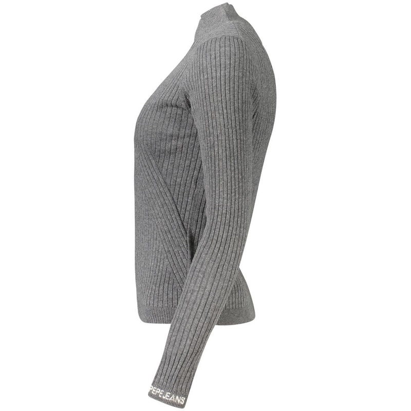 Grey ribbed cotton women sweater with a mock neck and long sleeves