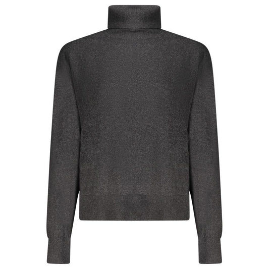 Black cotton turtleneck sweater with long sleeves and ribbed cuffs
