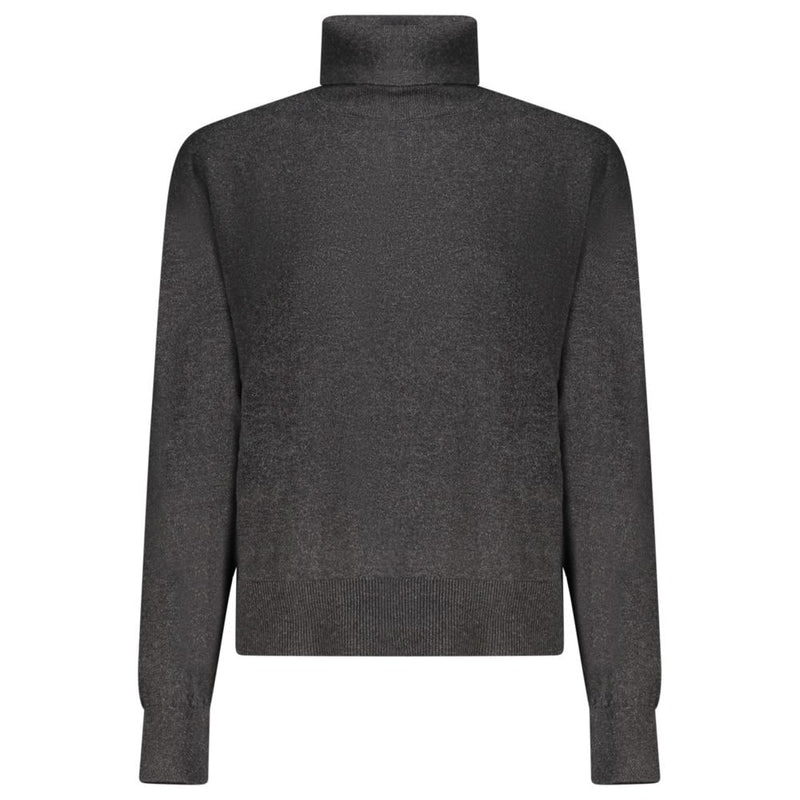 Black cotton turtleneck sweater with long sleeves and ribbed cuffs