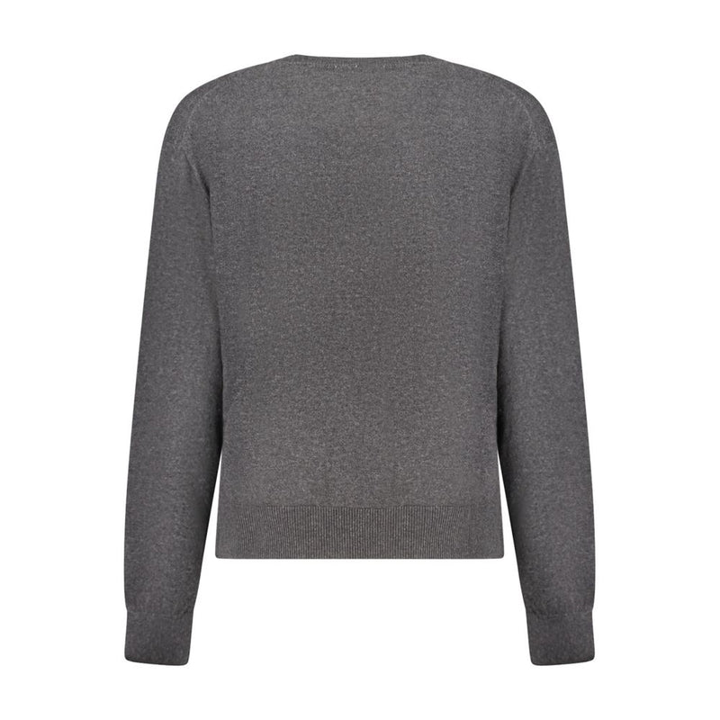 Dark grey cotton knit women's sweater shown from the back
