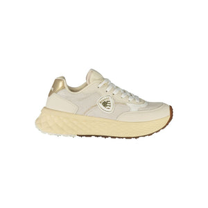 Blauer women’s beige leather and mesh platform sneakers with white laces and side logo patch.