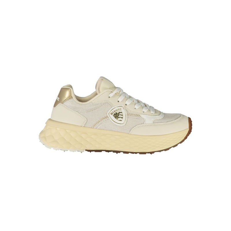 Blauer women’s beige leather and mesh platform sneakers with white laces and side logo patch.