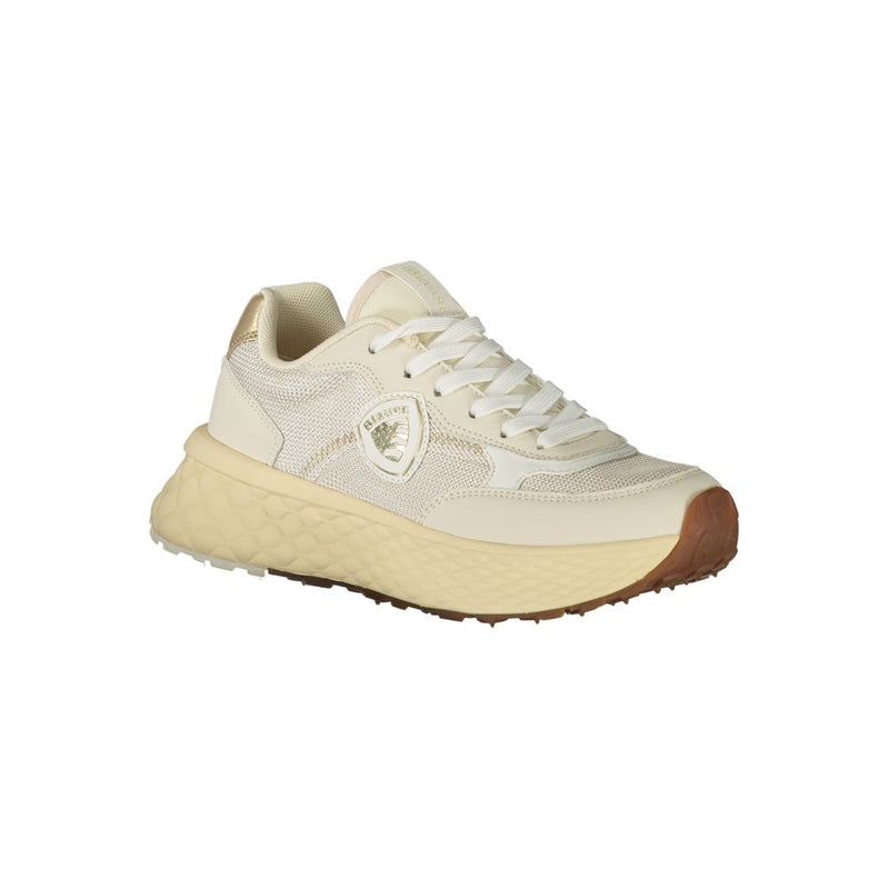 Beige Blauer women's sneaker in leather and mesh with a chunky textured platform sole and lace-up design.