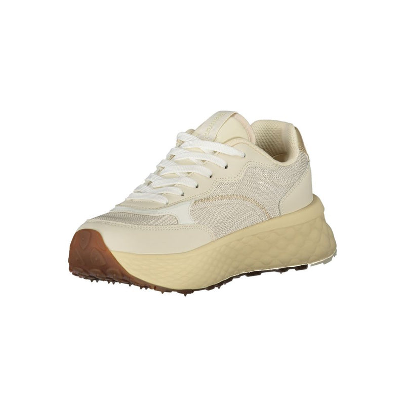 Beige Blauer women's sneaker in leather and mesh, featuring a thick platform sole and a casual, sporty style.